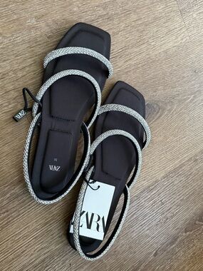 Zara Black Square-Toe Sandals with Crystal-Embellished Straps